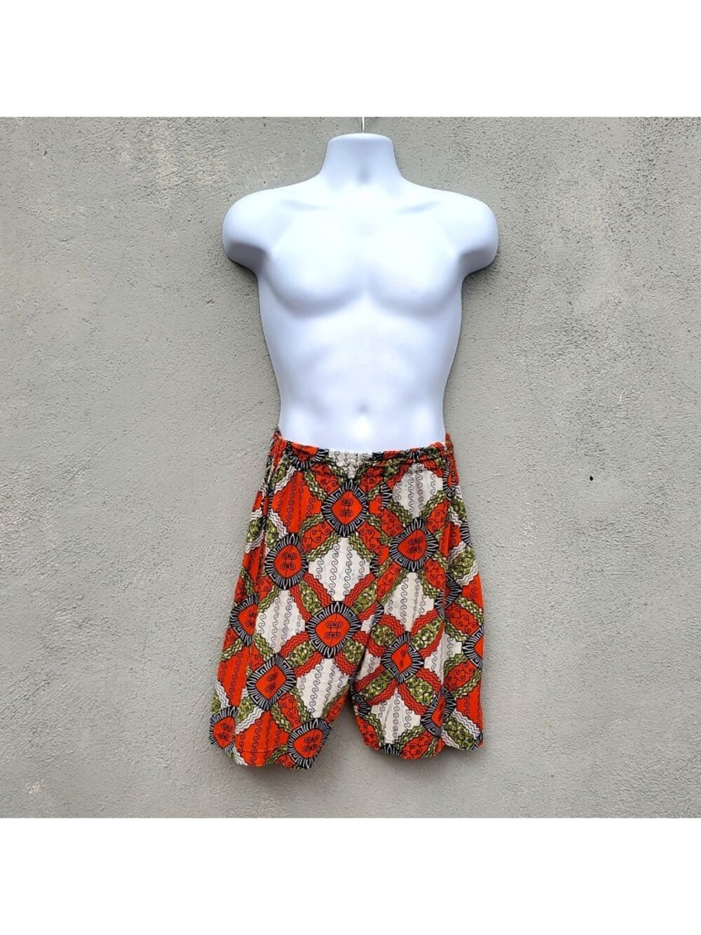 Vintage African Wax Print Cotton Shorts Orange Unisex Men S-L Women L-1X 90s